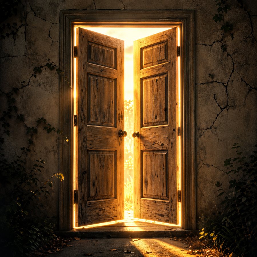 A weathered wooden double door stands cracked open in an ivy-covered stone wall, golden light flooding through the gap — cover art for the Emergence playlist.