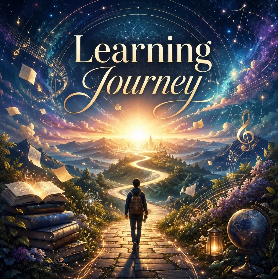 A traveler walks a glowing path toward a radiant city of light, surrounded by drifting books, music notes, and a starlit cosmos — the learning journey.